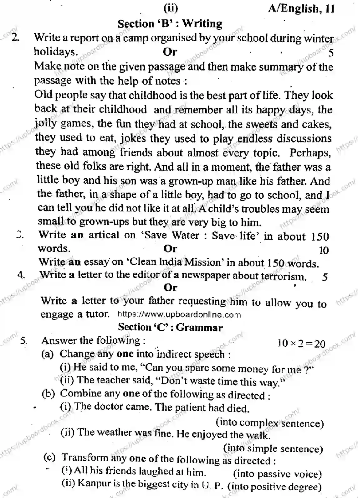 UP Board Class 11th ENGLISH-SET-A-040226 Previous Year Question Paper Image 2