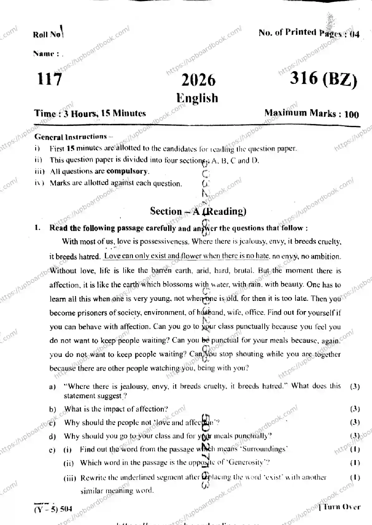 UP Board Class 12th ENGLISH-316-BZ Previous Year Question Paper Image 1