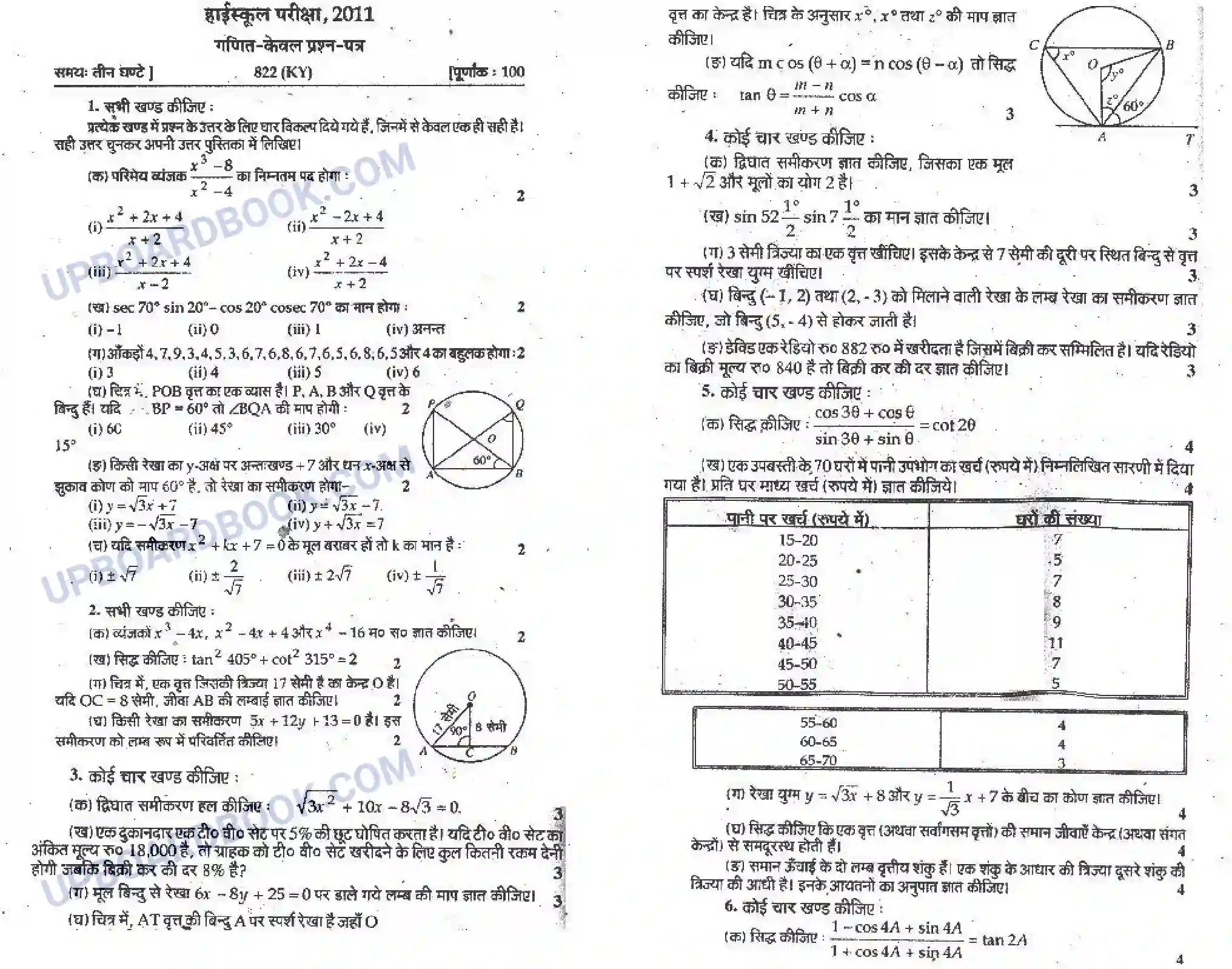 UP Board Class 10th Maths 2011 (822 KY) Previous Year Question Paper Image 1