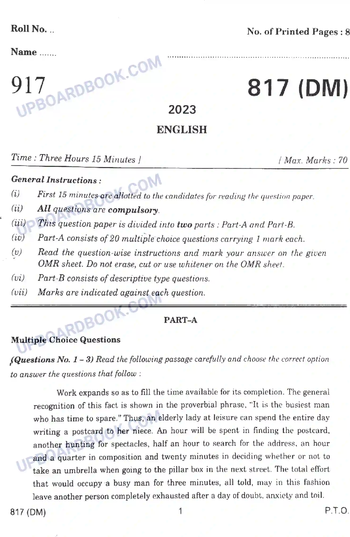 UP Board Class 10th English (817-DM) 2023 Previous Year Question Paper Image 1