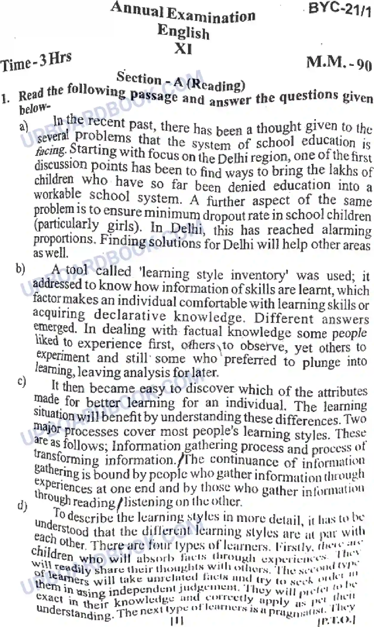 UP Board Class 11th English - 21-1 - Set-BYC - 2019 Previous Year Question Paper Image 1