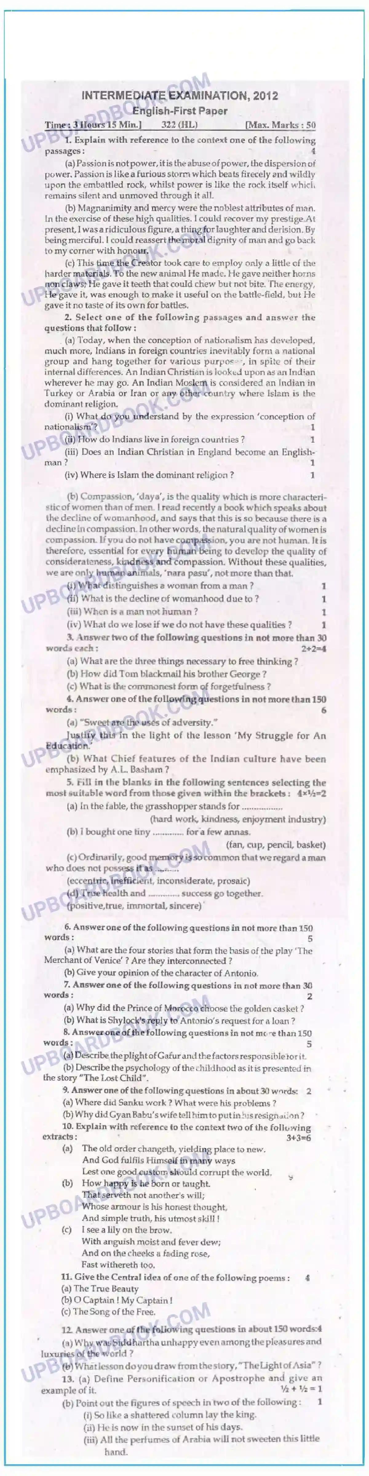 UP Board Class 12th English 2012 Set 1 Previous Year Question Paper Image 1