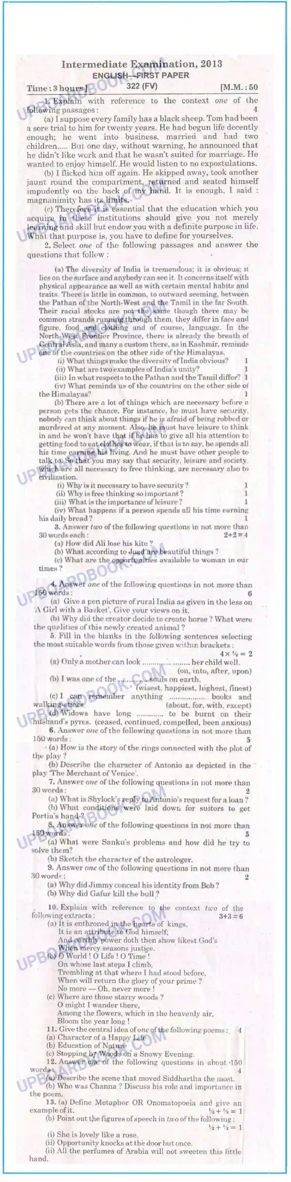 UP Board Class 12th English 2013 Set 1 Previous Year Question Paper Image 1