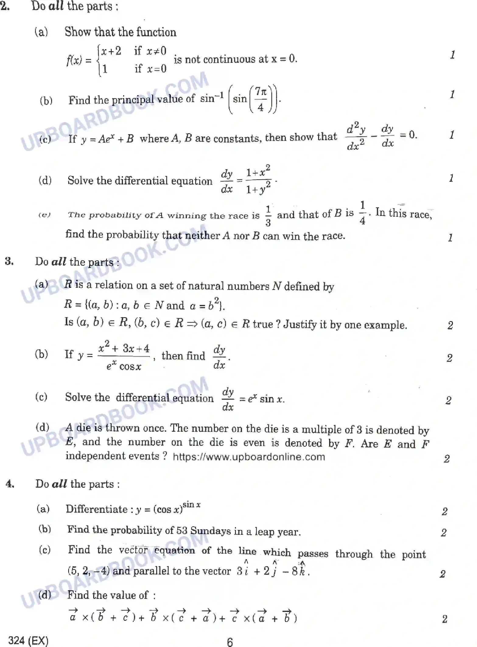 UP Board Class 12th Mathematics - 324-EX - 2024 Previous Year Question Paper Image 6