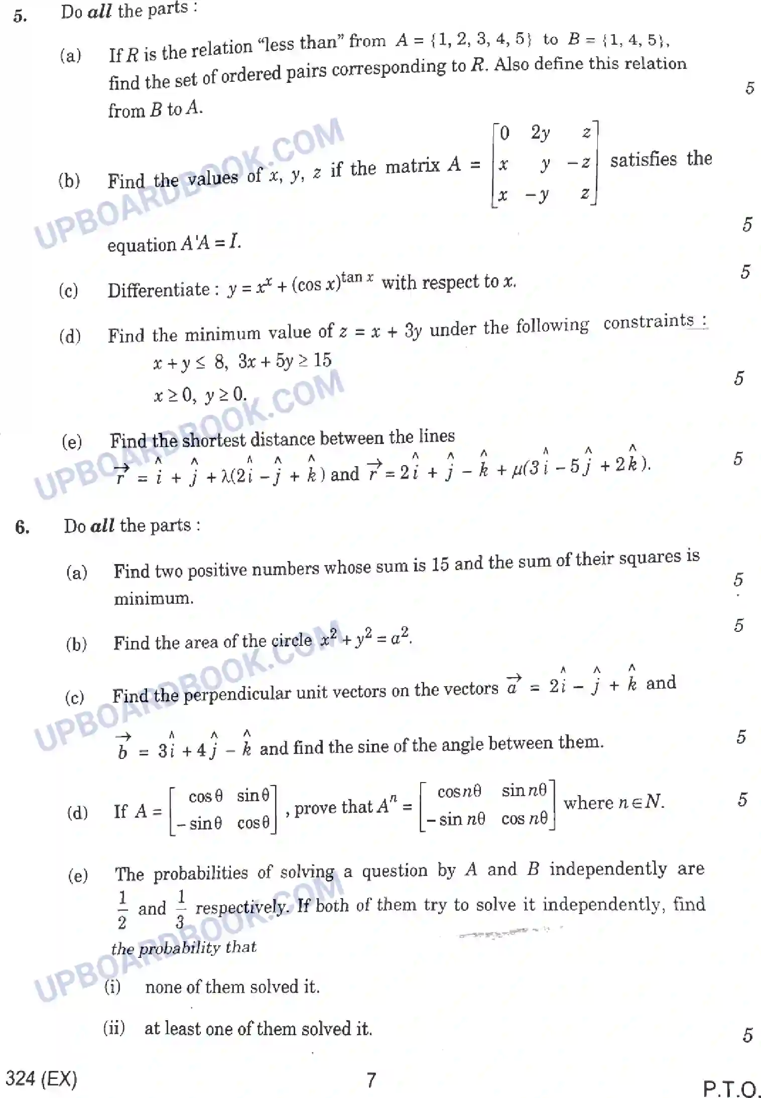 UP Board Class 12th Mathematics - 324-EX - 2024 Previous Year Question Paper Image 7