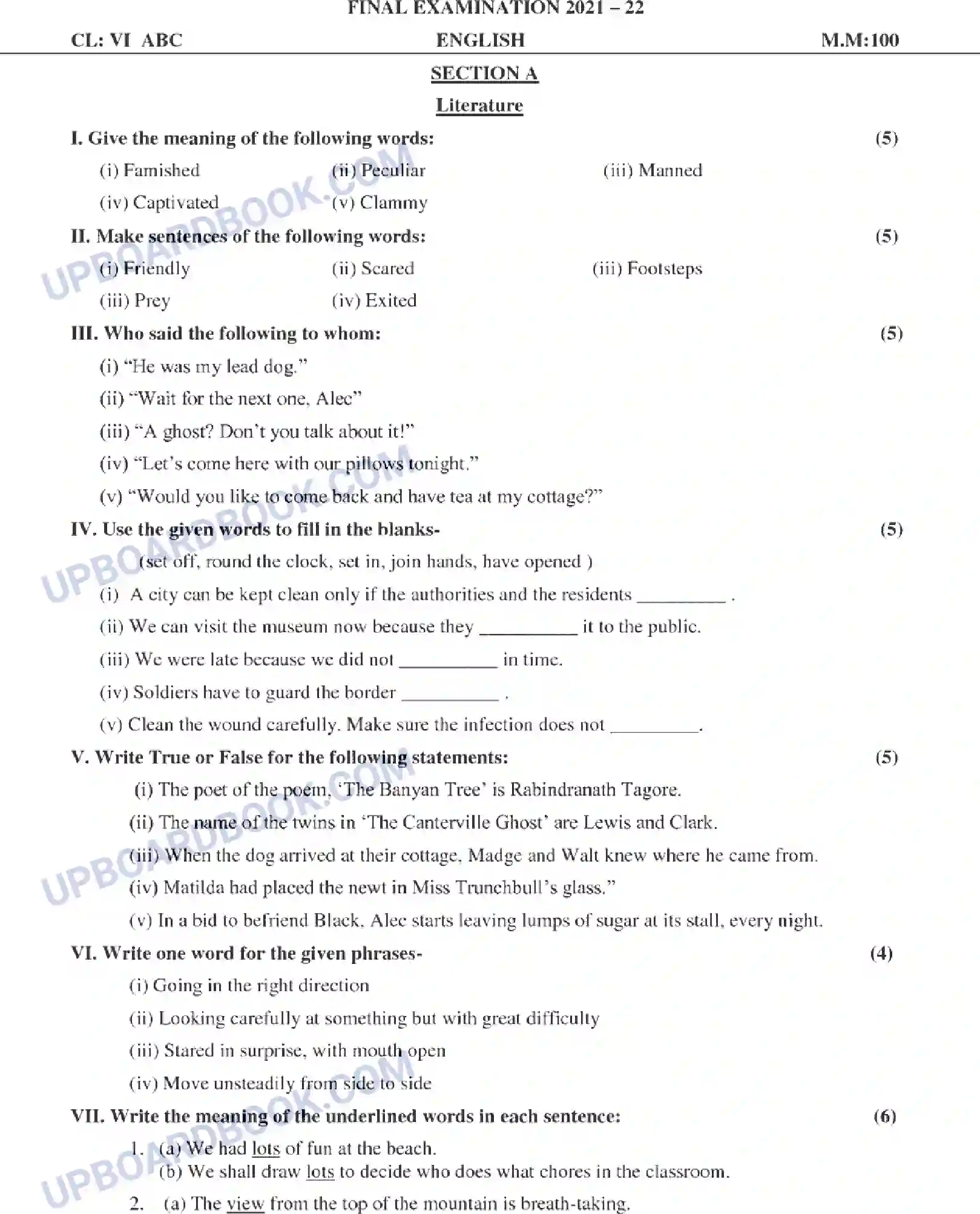 UP Board Class 6th English - Set-ABC - 2022 Previous Year Question Paper Image 1