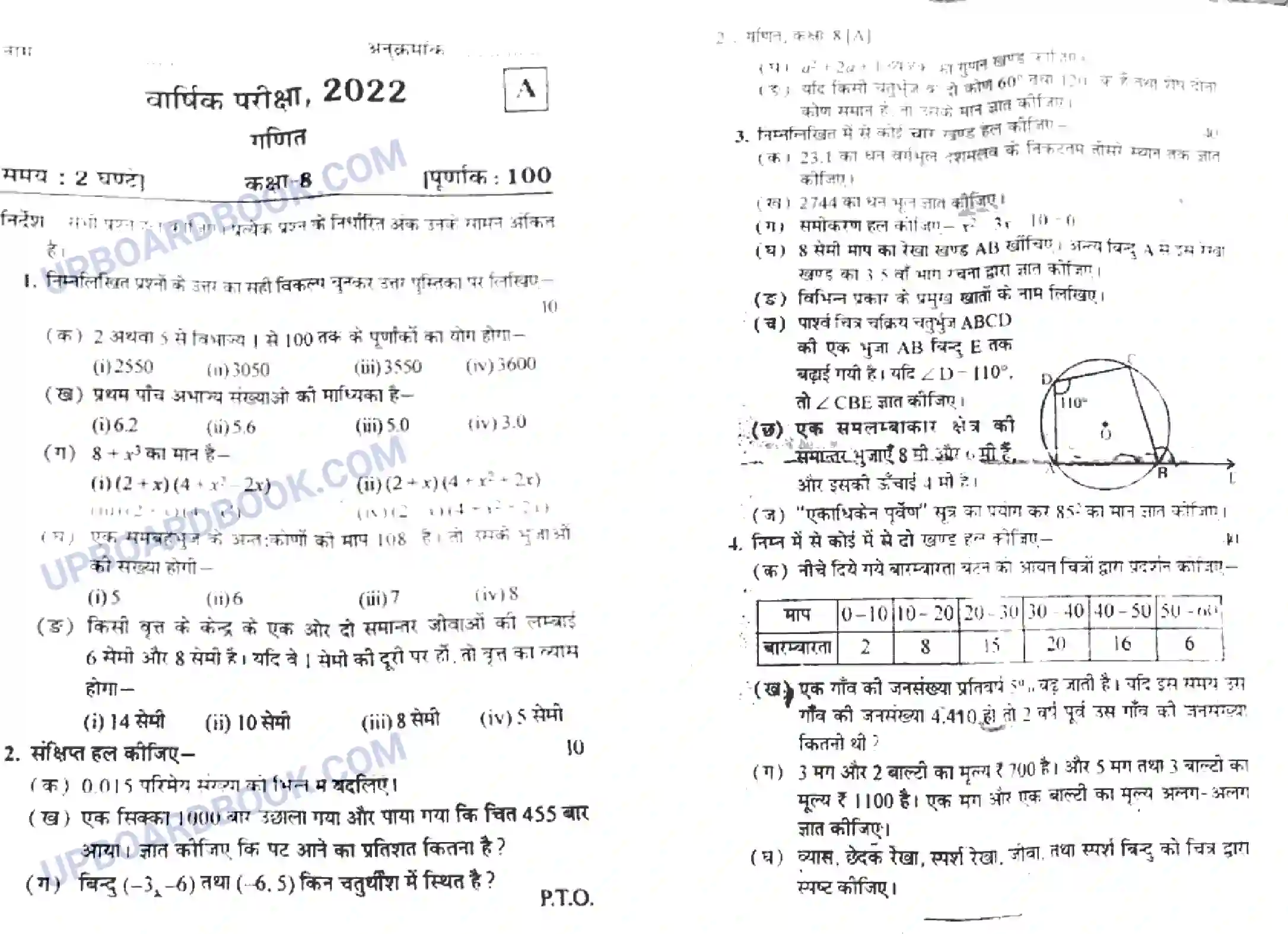 UP Board Class 8th Maths 2022 Set A (HM) Previous Year Question Paper Image 1