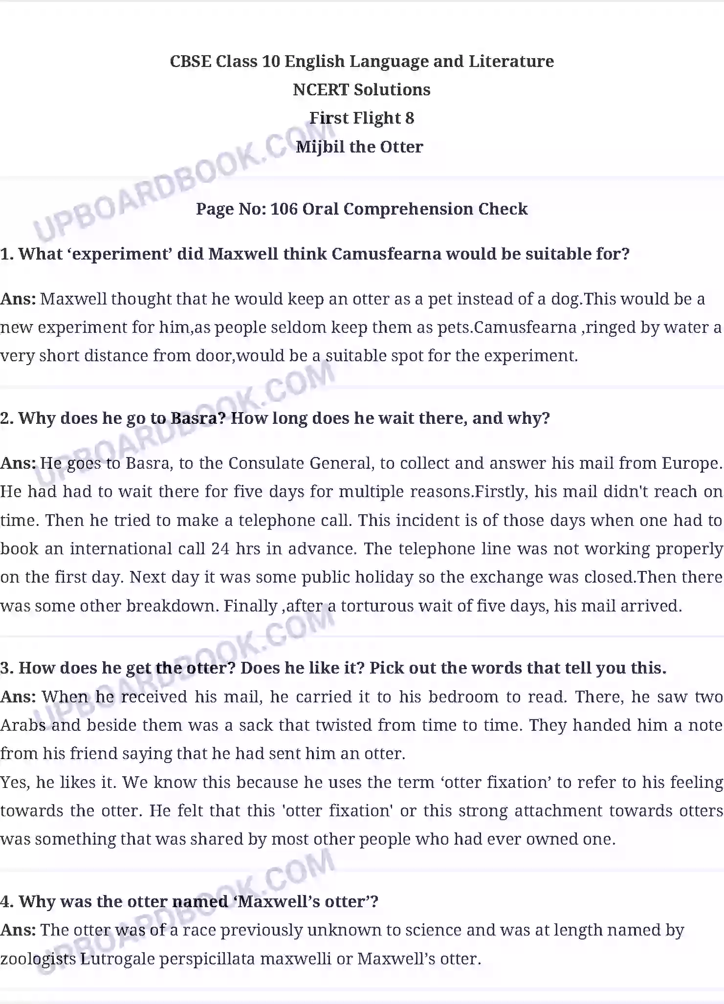UP Board Solution Class 10 English 8. Mijbil the Otter Image 1