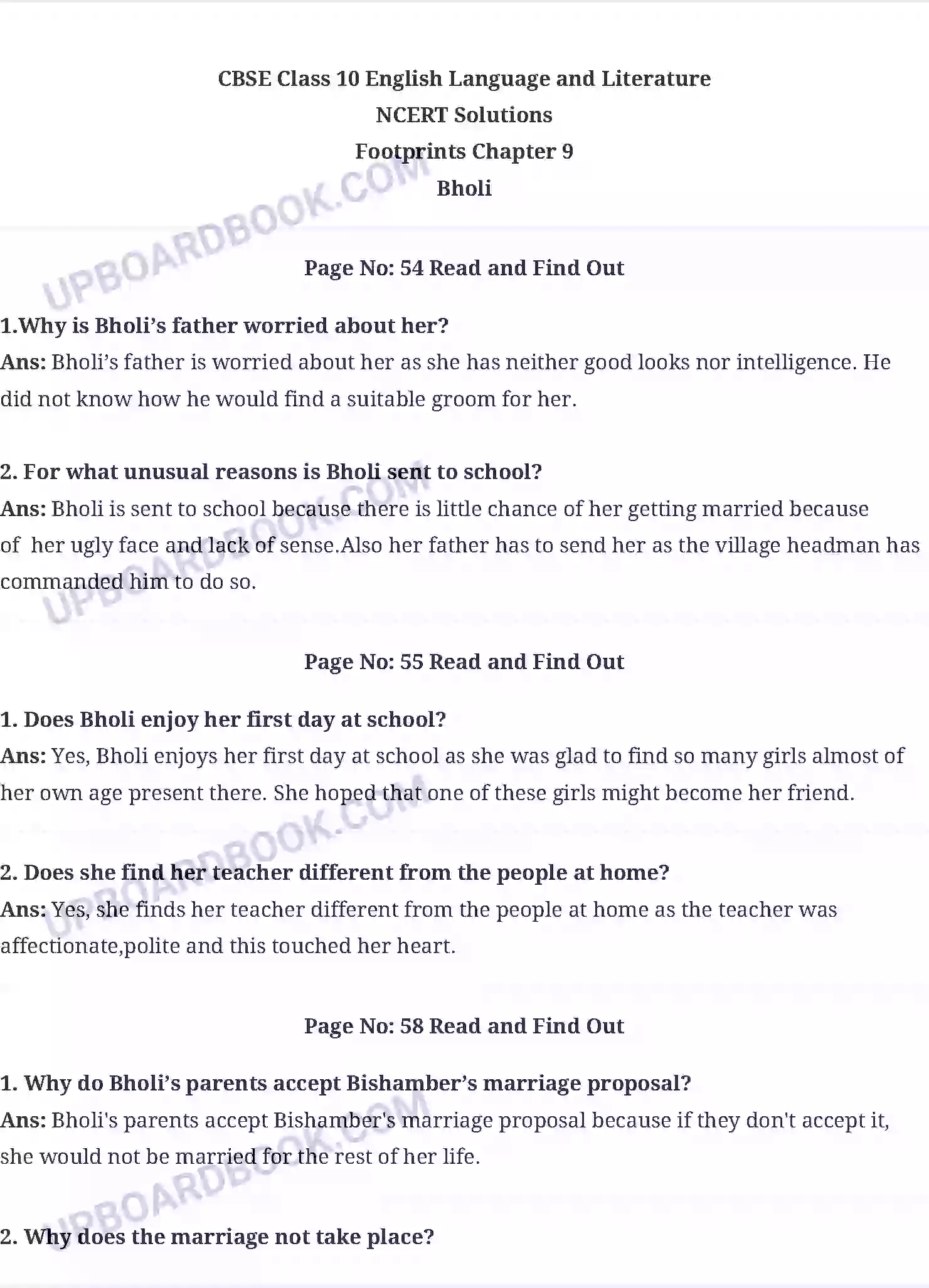 UP Board Solution Class 10 English 9. Bholi Image 1