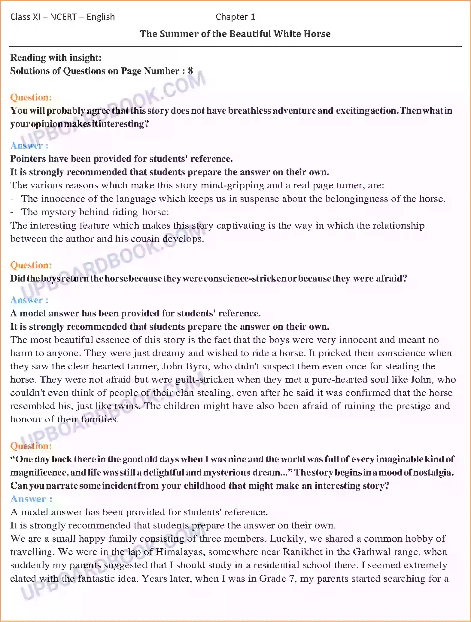 UP Board Solution class 11 English 1. The Summer of the Beautiful White Horse Image 1