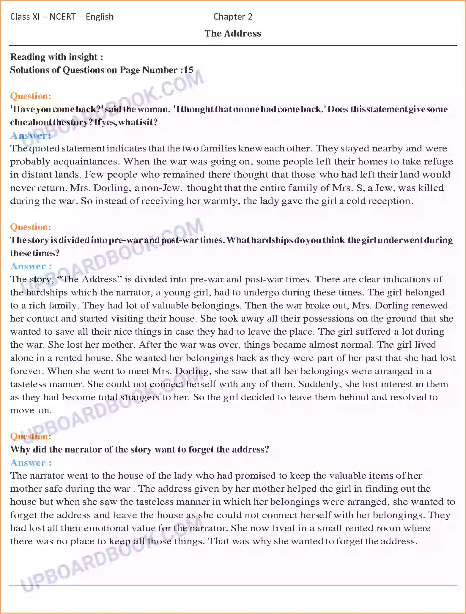 UP Board Solution class 11 English 2. The Address Image 1