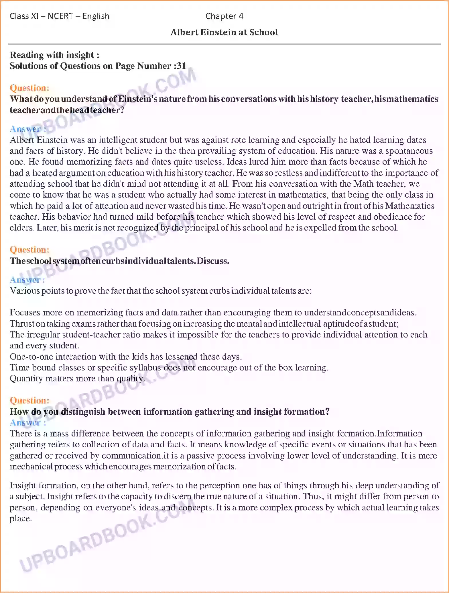 UP Board Solution class 11 English 4. Albert Einstein at School Image 1