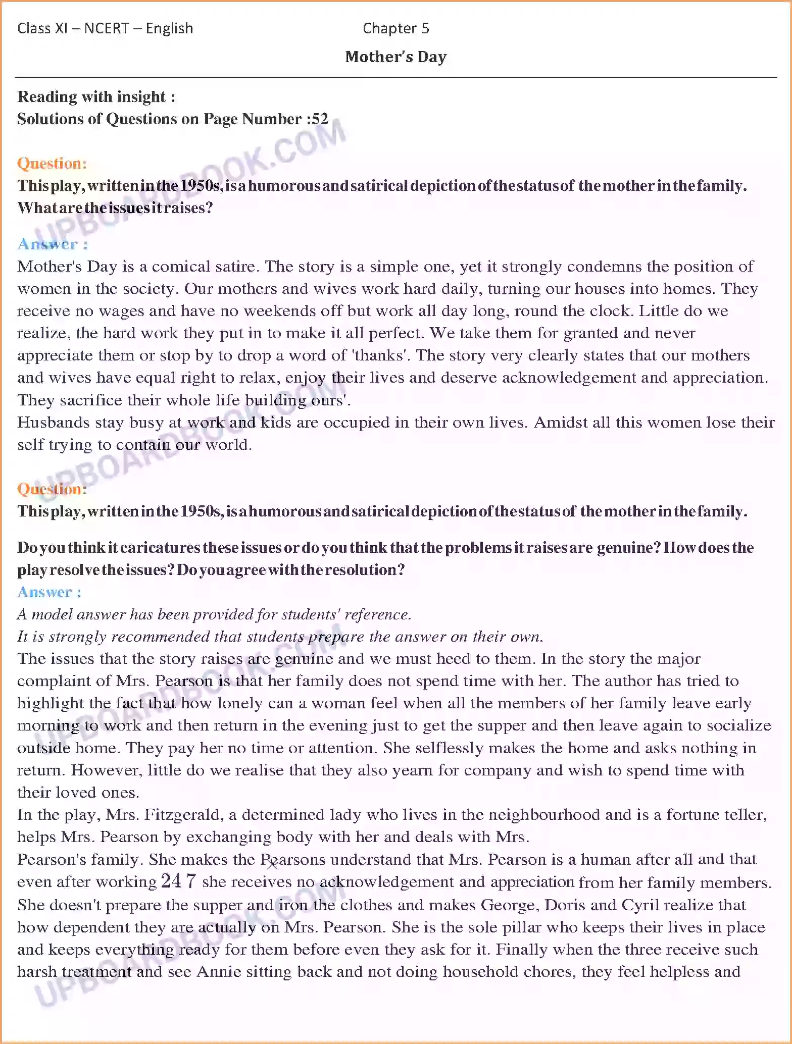 UP Board Solution class 11 English 5. Mother’s Day Image 1
