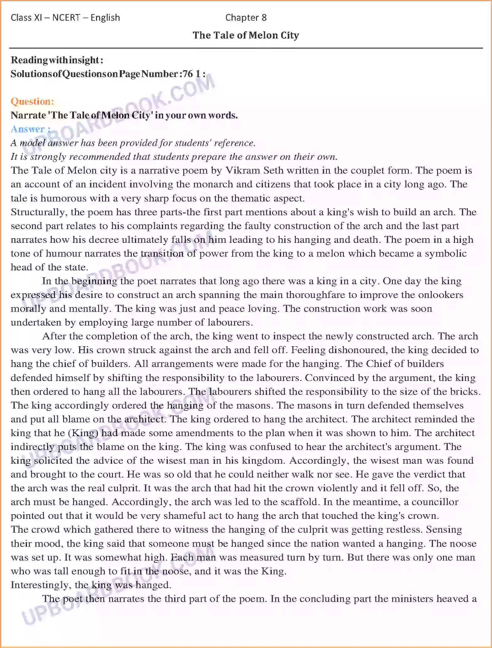 UP Board Solution class 11 English 8. The Tale of Melon City Image 1
