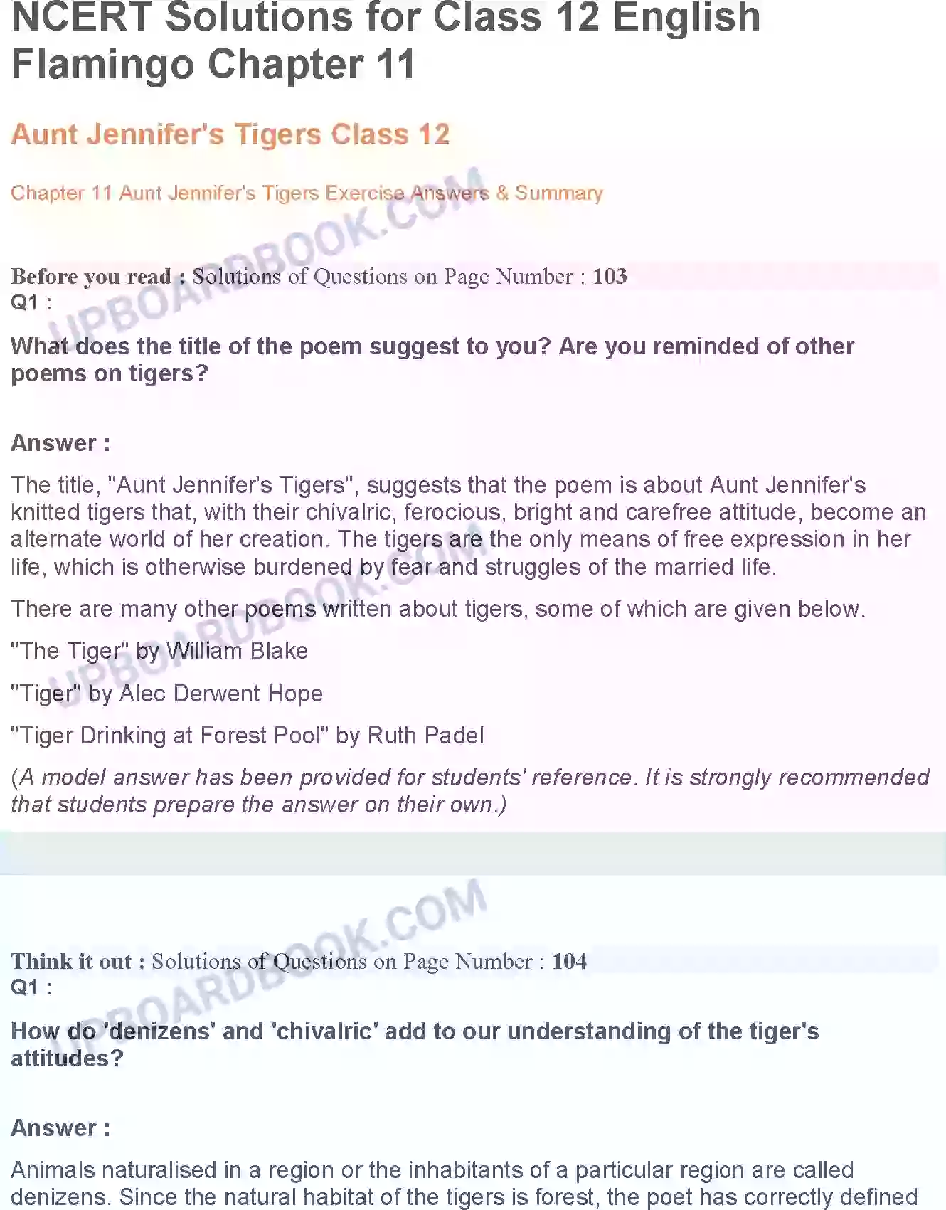 UP Board Solution Class 12 English 11. Aunt Jennifer’s Tigers Image 1