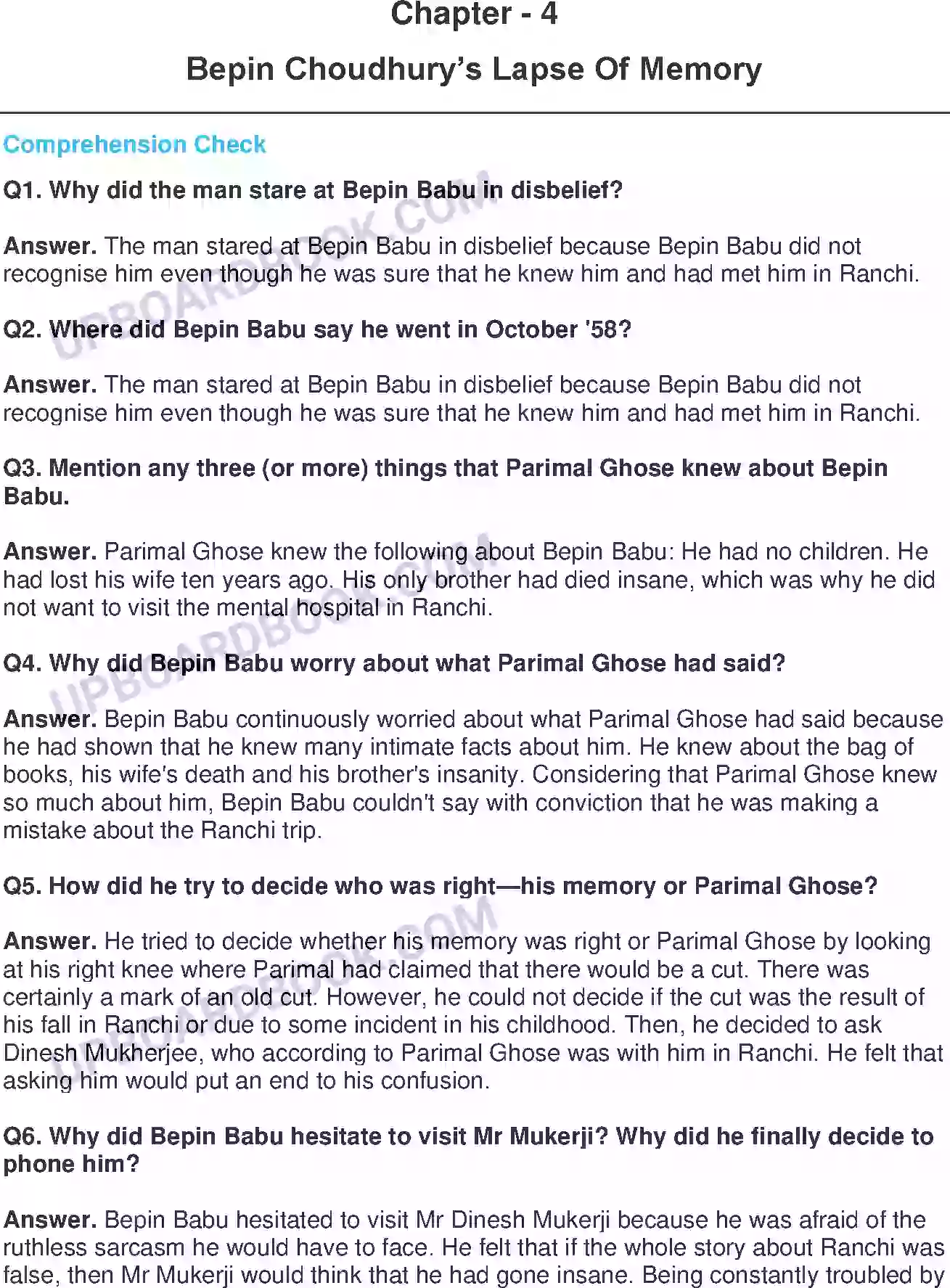 UP Board Solution class 8 English 4. Bepin Choudhury’s Lapse Of Memory Image 1