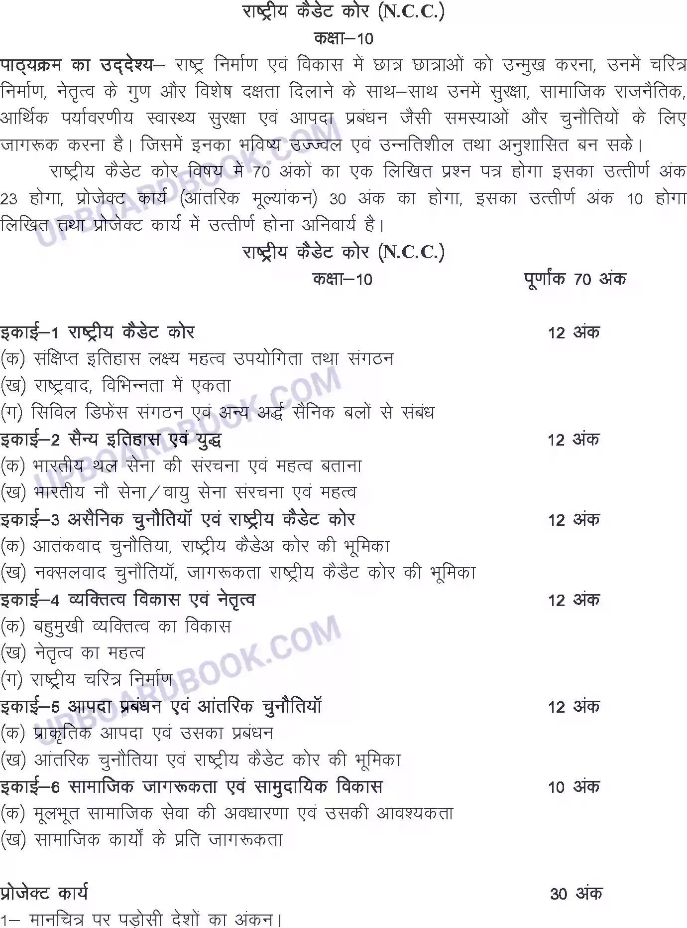 UP Board Syllabus for Class 10 N.C.C. Image 1