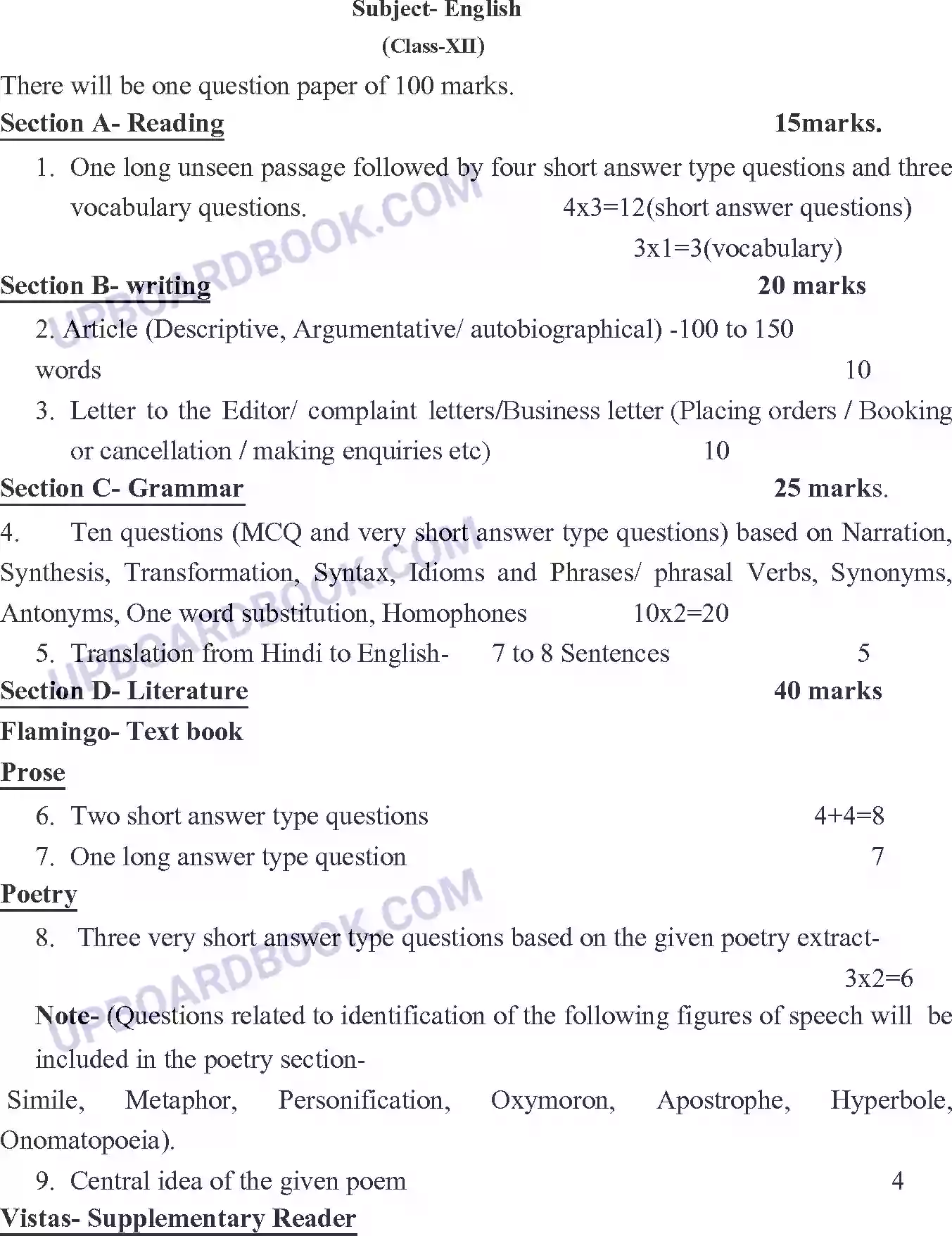 UP Board Syllabus for Class 12 English Image 1