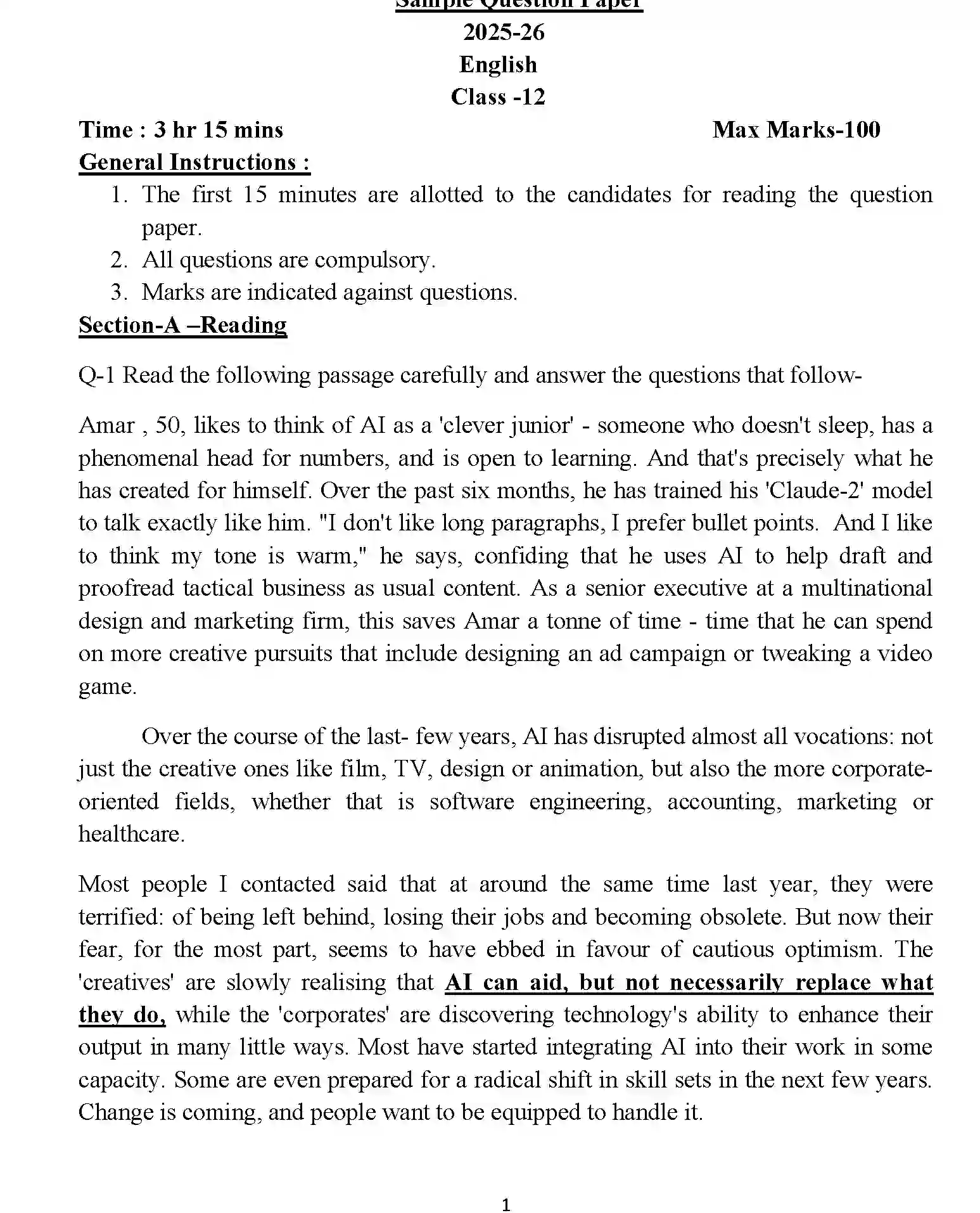 UP Board Class 12th Sample Paper 2025-26 Image 1